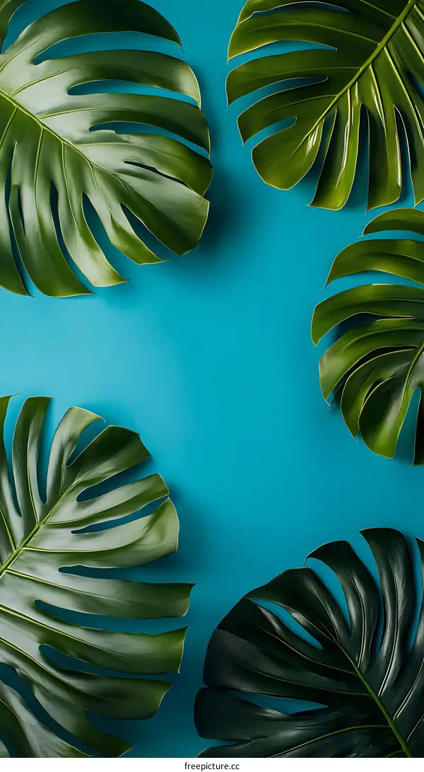 Tropical Green Leaves on Blue Background