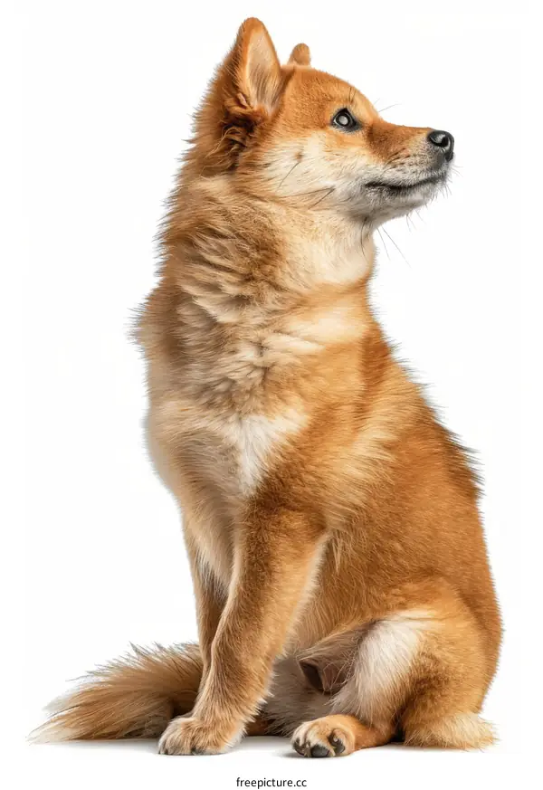A ginger dog with pointy ears is sitting and looking away