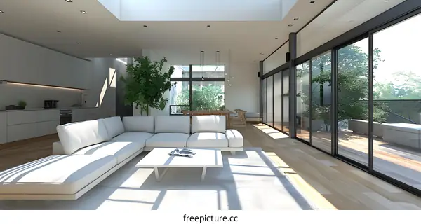 Modern Living Room Interior Design with White Sofa and Large Windows