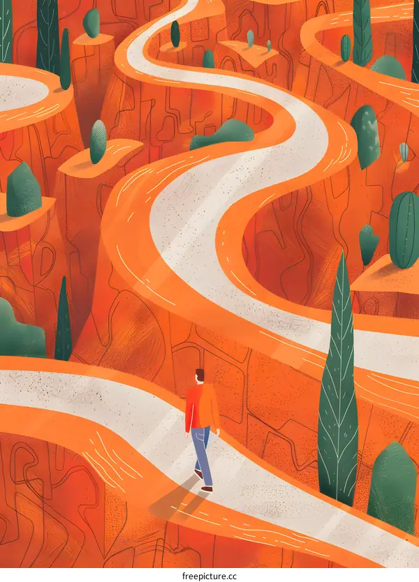 Man Walking on Winding Road in Canyon Illustration