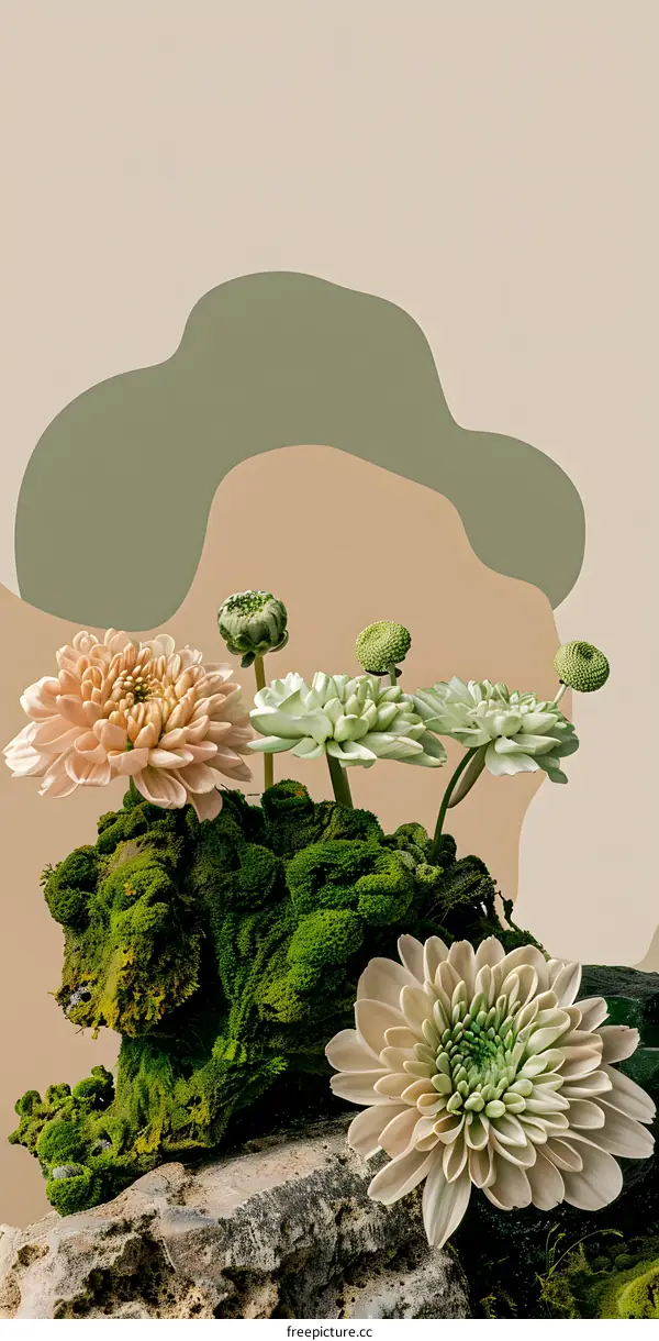 Green Moss With Flowers And Abstract Background