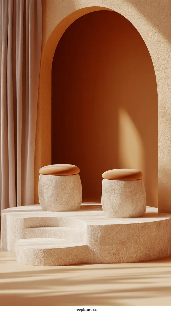 Beige Stone Steps with Orange Poufs in Archway