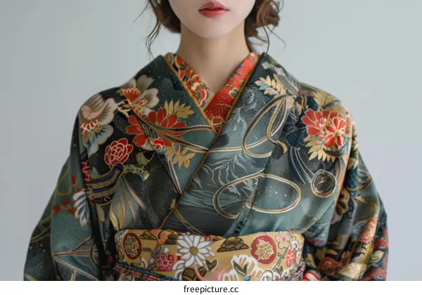 Close Up of a Woman Wearing a Traditional Japanese Kimono