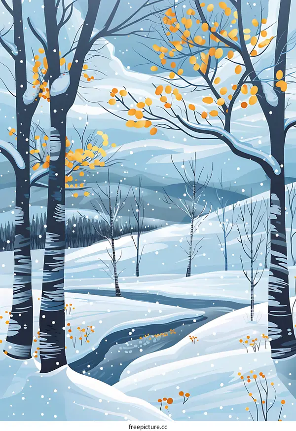 Snowy Winter Landscape with River and Trees