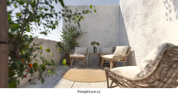 Minimalist Patio Design with Rattan Chairs and a Round Rug