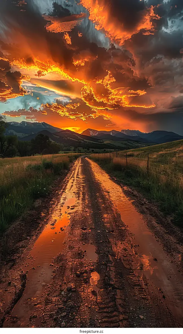 Country Road at Sunset with Towering Storm Clouds