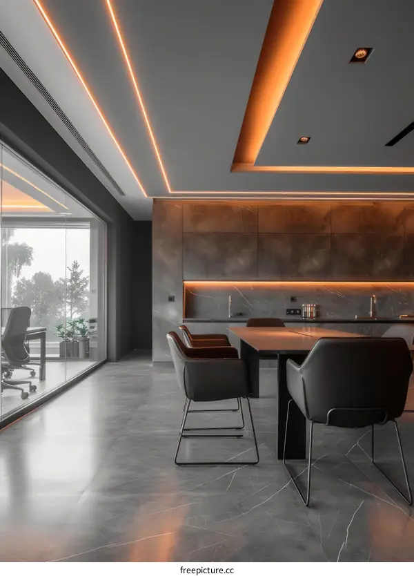 Office interior with dark marble walls and wood and glass table