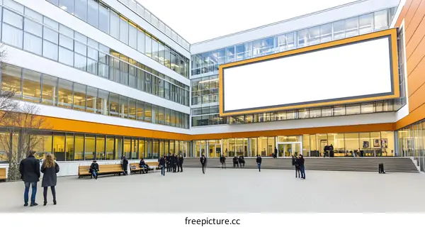 Modern Building with Large Blank Billboard and People Walking Around