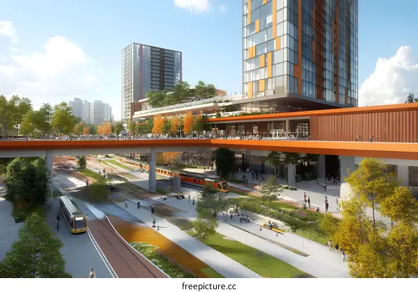 Modern Urban Development with Train Tracks and Pedestrian Bridge