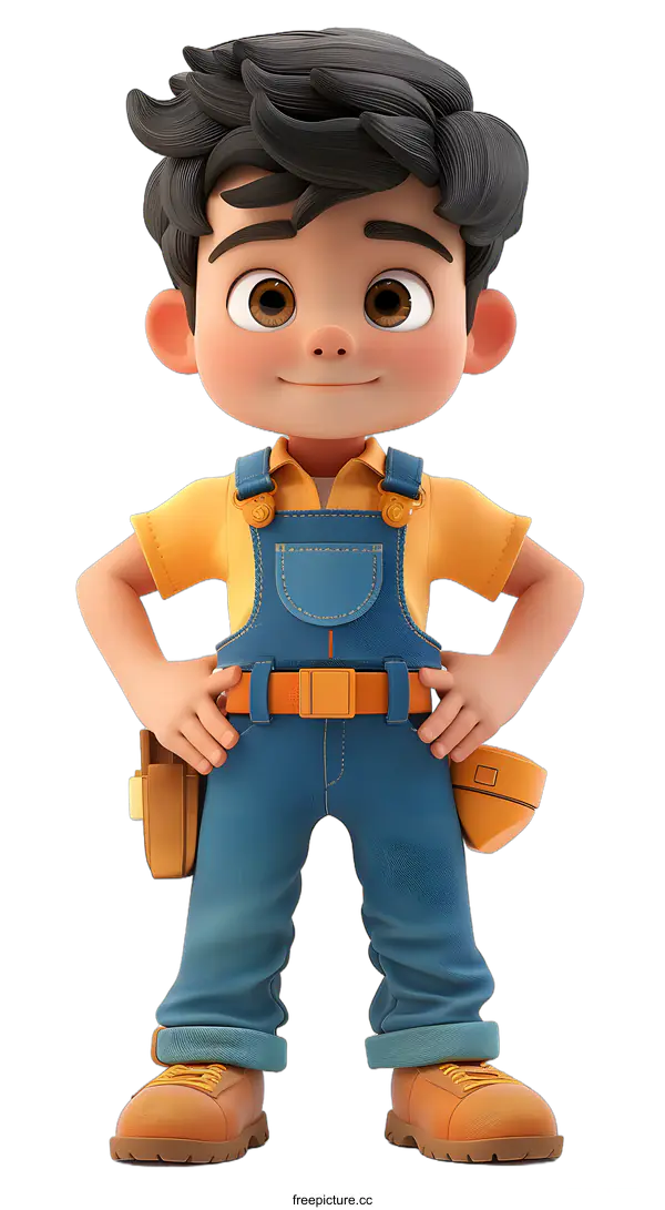 [Transparent Background PNG]Confident Cartoon Boy in Overalls