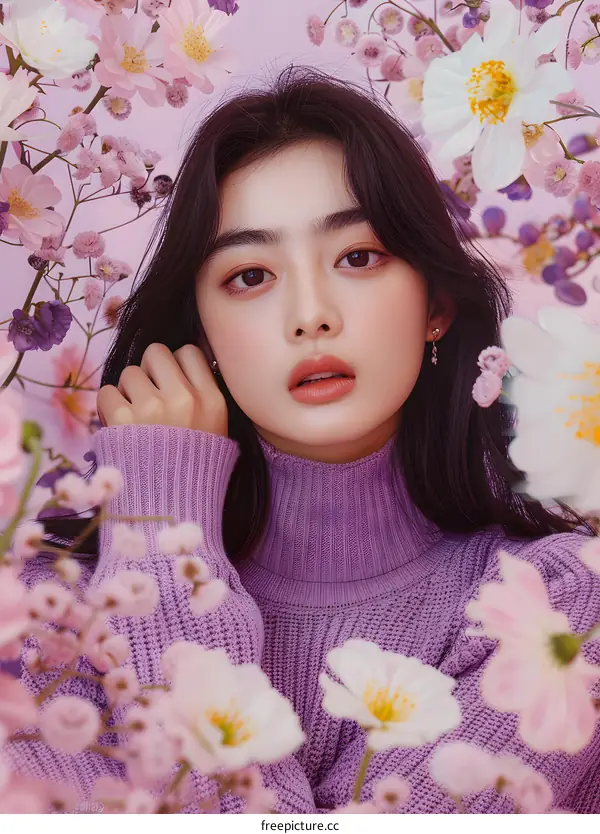 Woman in Purple Sweater with Flowers