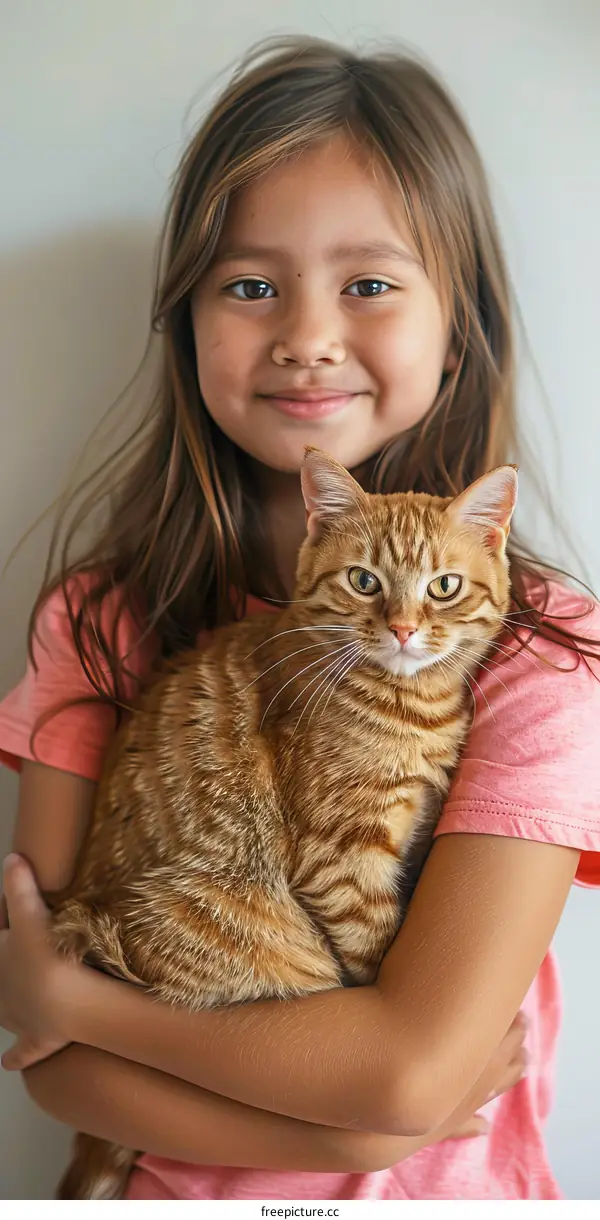 Portrait of a smiling girl hugging an orange cat