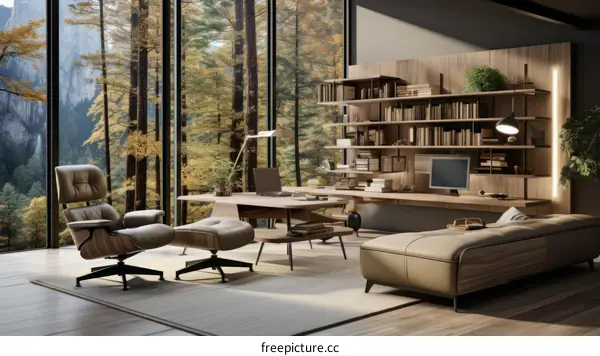Minimalist Modern Home Office with Forest View