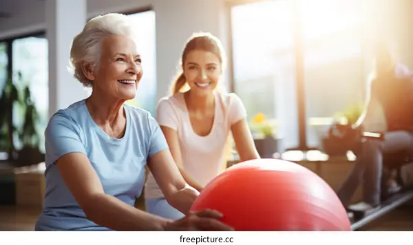 Physical therapist helping senior woman with exercise ball