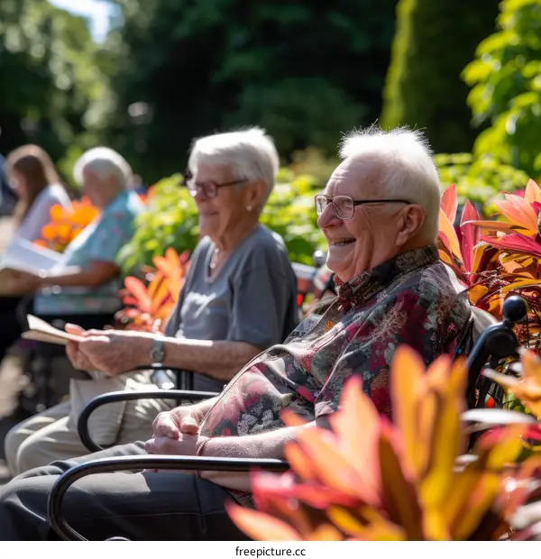 Two elderly people sitting on a bench in a park, smiling and looking happy