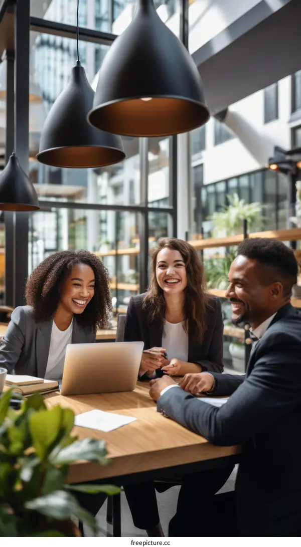 Three business professionals having a meeting in a modern office space