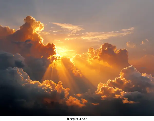 Golden Sunset Sky Piercing Through Clouds