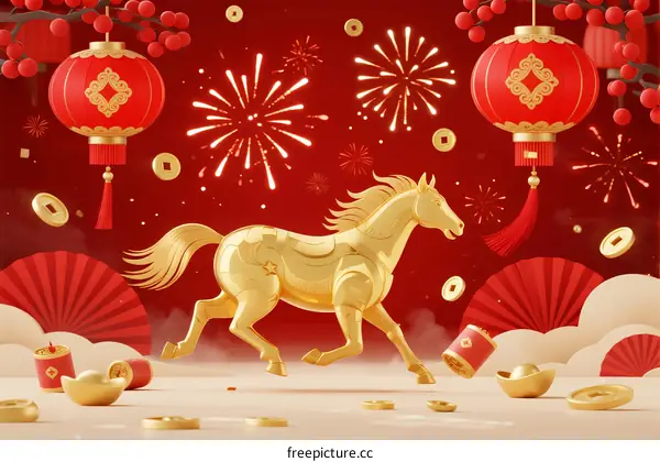 Golden Horse with Red Lanterns and Fireworks for Chinese New Year