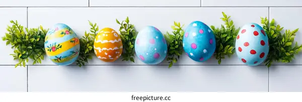 Colorful Easter Eggs Decorated on White Tiles