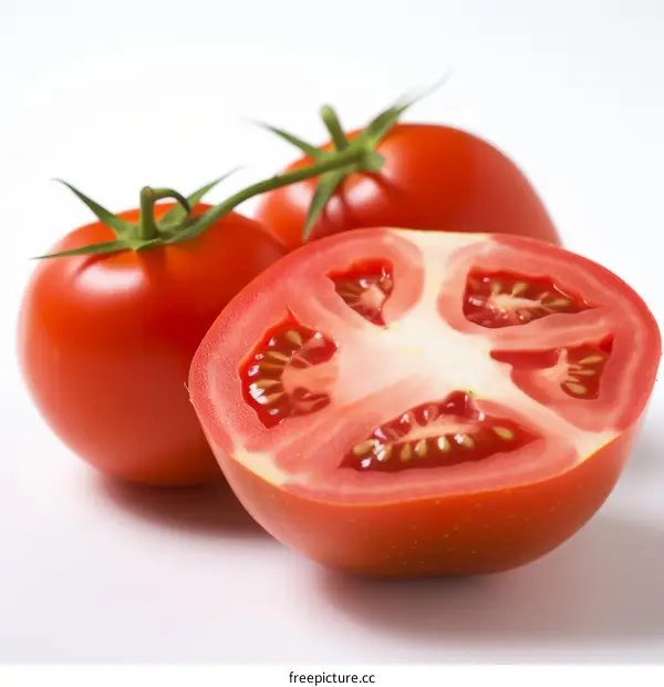 Three red tomatoes on a white background