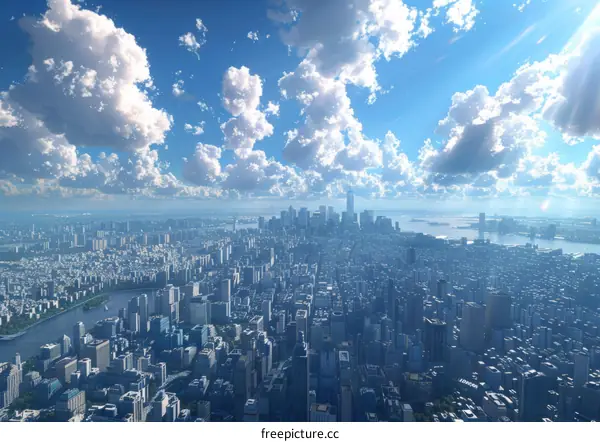 Aerial View Of A City Under A Blue Sky With White Clouds
