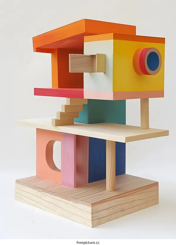 Colorful wooden sculpture of a house