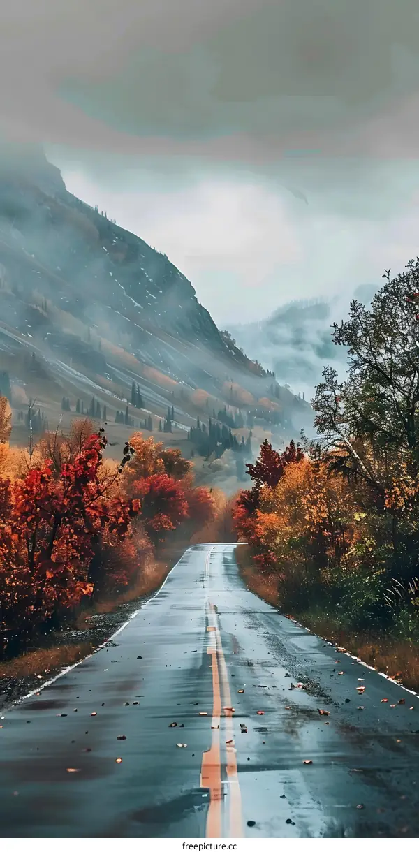 Empty Road Through Autumn Forest in the Mountains