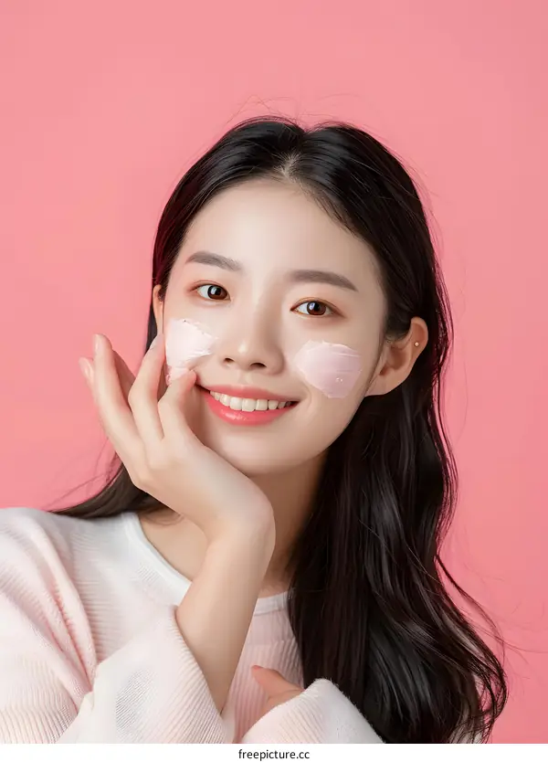 Smiling Asian Woman with Pink Facial Mask Applying Cream