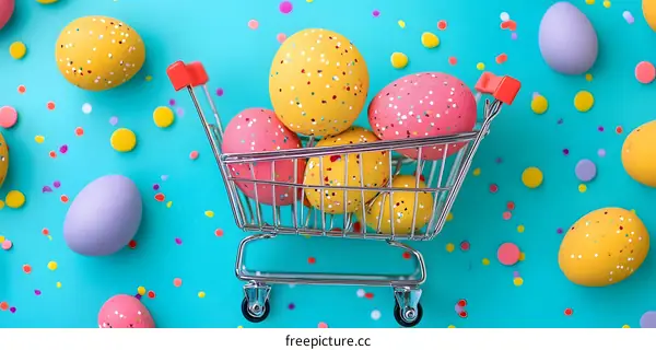 Easter Eggs in a Shopping Cart on a Blue Background