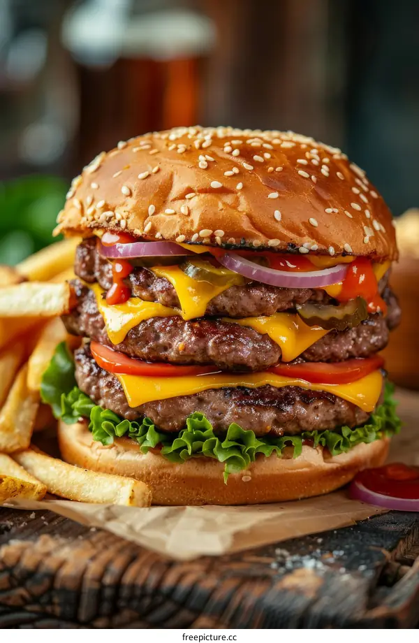 A delicious triple cheeseburger with fries