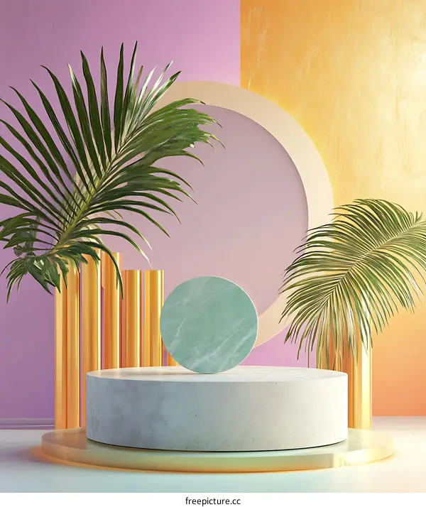 Abstract Minimalist Summer Scene with Palm Leaves and Geometric Shapes