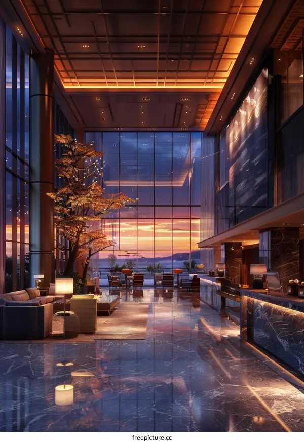 Luxury Hotel Lobby at Sunset