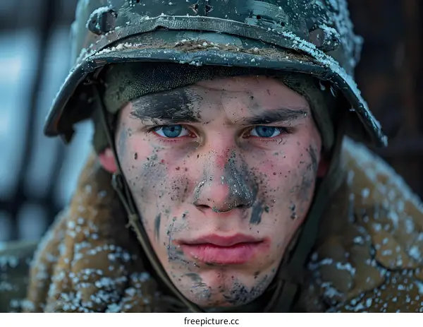Portrait of a young soldier with blue eyes and a dirty face