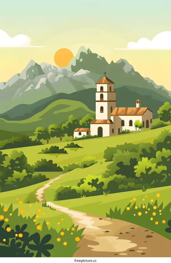 Scenic View Of Church In Mountains Illustration
