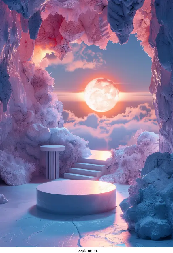 3D Podium with Sunset and Moon Background