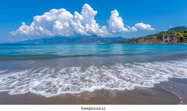Beautiful beach landscape with turquoise sea and white clouds