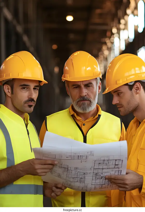 Three Construction Workers Reviewing Building Plans