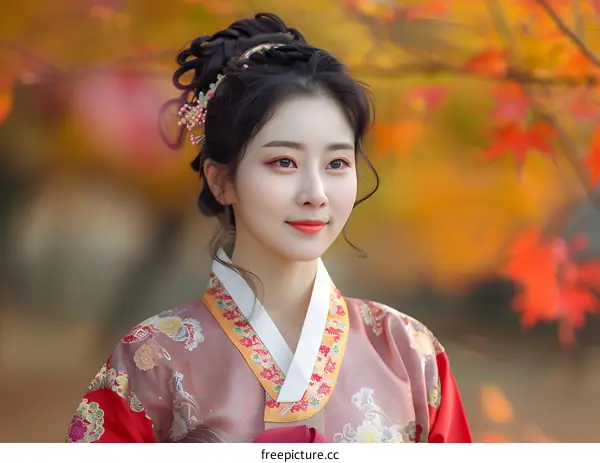 Portrait of a beautiful young Korean woman in traditional Korean dress, or Hanbok, with autumn leaves in the background
