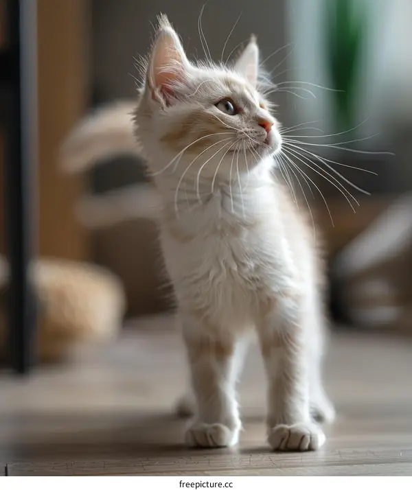 A ginger kitten standing on the floor and looking up