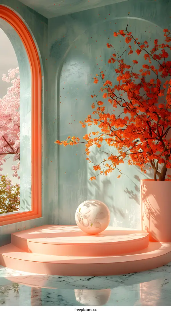 A potted red maple in a room