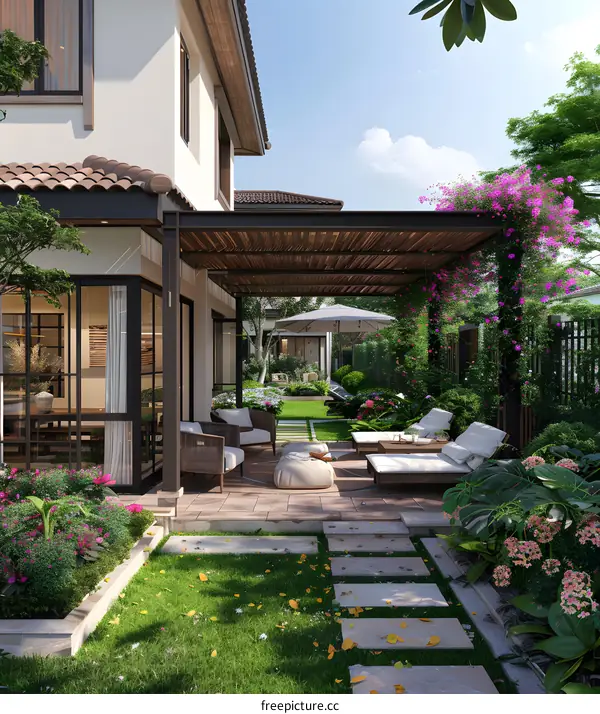 Modern Backyard Patio Design With Lush Greenery and Comfortable Seating