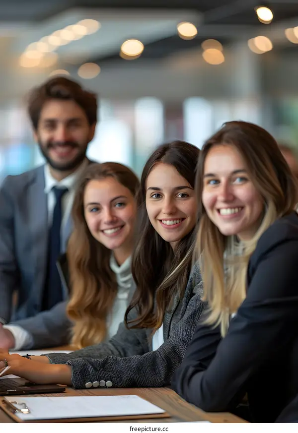 Four young business people smiling and looking at the camera