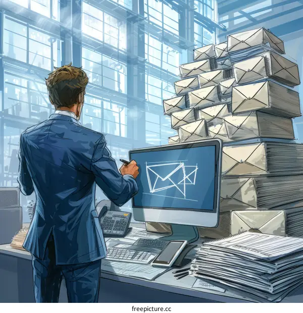 Businessman Analyzing Email Blueprint Amidst Mail Stacks