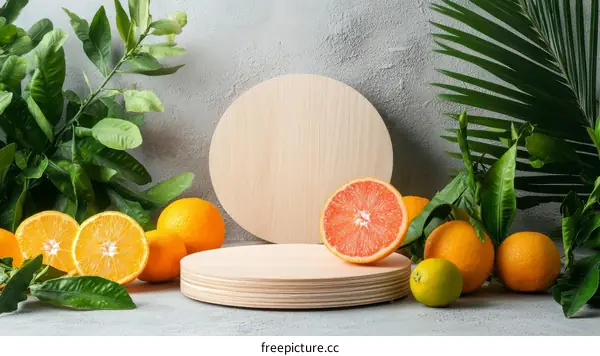 Fresh Citrus Fruits Display on Wooden Platters