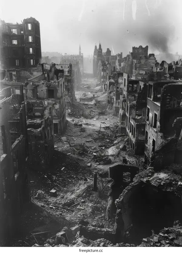 Ruins of buildings in a war-torn city