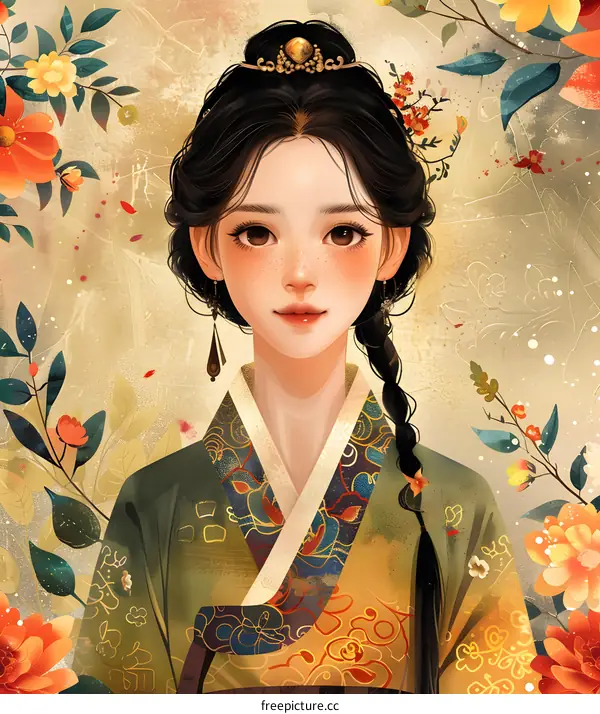 An illustration of a young woman in a traditional Korean dress, with flowers in her hair and a golden background.