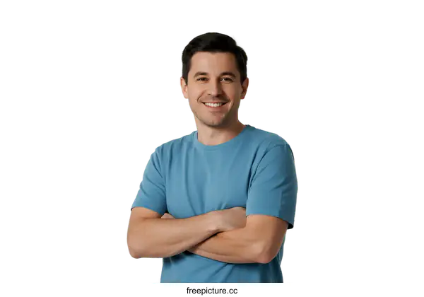 [Transparent Background PNG]Confident man with arms crossed wearing casual blue t-shirt