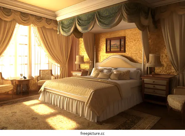 Elegant Bedroom Interior Design with Canopy Bed and Gold Wallpaper