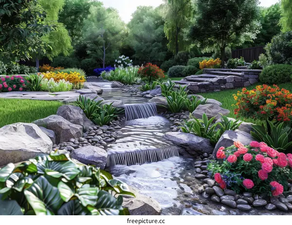 Tranquil Garden with Cascading Waterfall and Vibrant Flowers