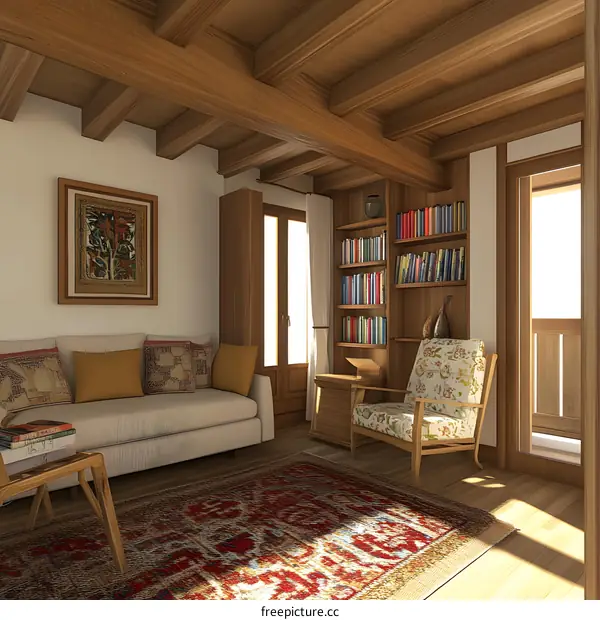 Rustic Wooden Interior Design with Beige Sofa and Bookshelf